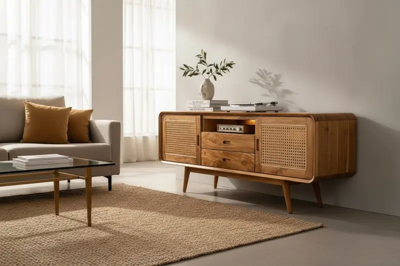 Rattan TV-Bank – Fernsehkommode Lowboard – Mit zwei Schubladen und drei Abstellflächen – Massiv Teakholz – 60x150x45 cm