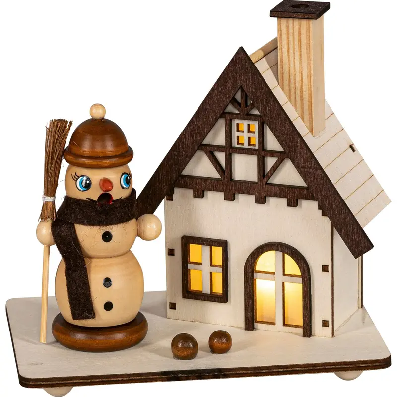Räuchermännchen "Schneemann" mit beleuchtetem Fachwerkhaus, natur, 16 cm