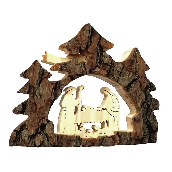 Rindenkrippe mit Hl. Familie aus Holz