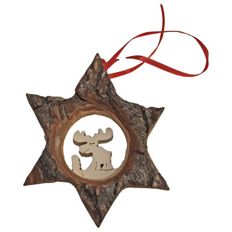 Rindenstern mit Elch aus Holz 13 cm