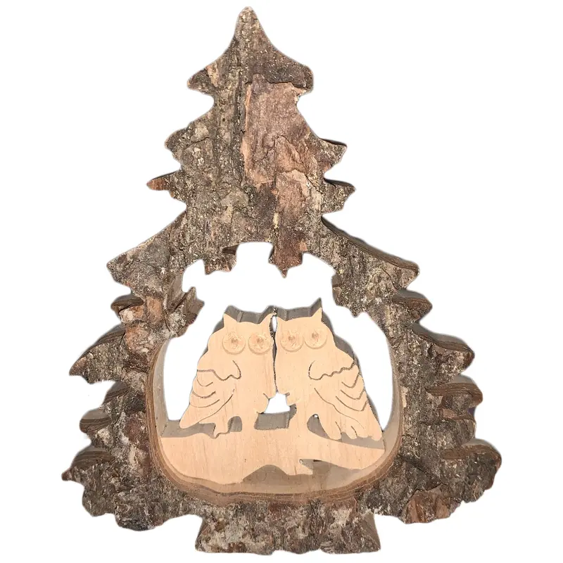 Rindentanne mit Eulen aus Holz 13 cm