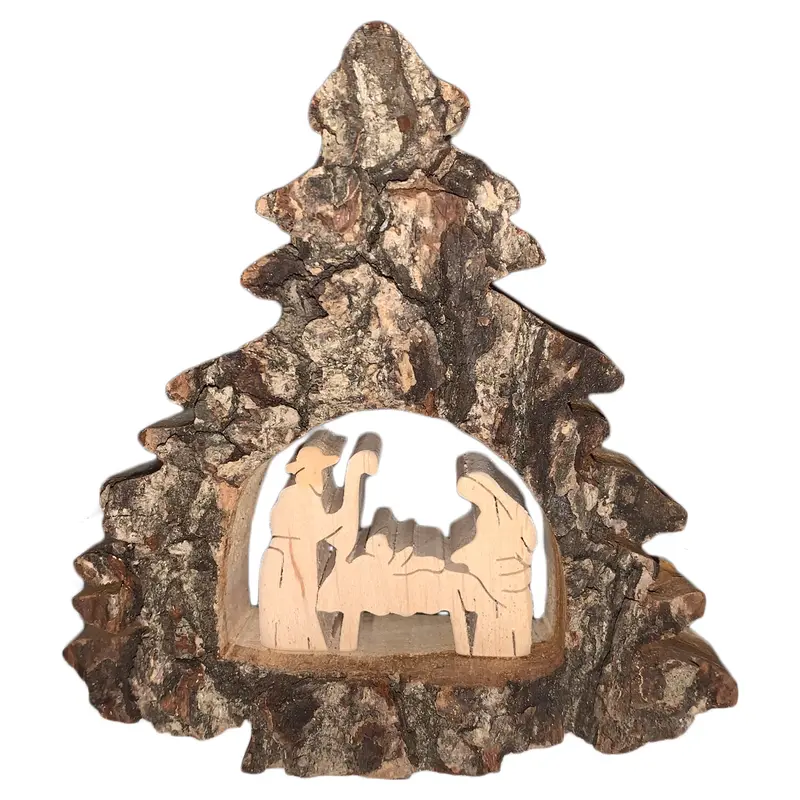 Rindentanne mit Hl. Familie aus Holz 13 cm