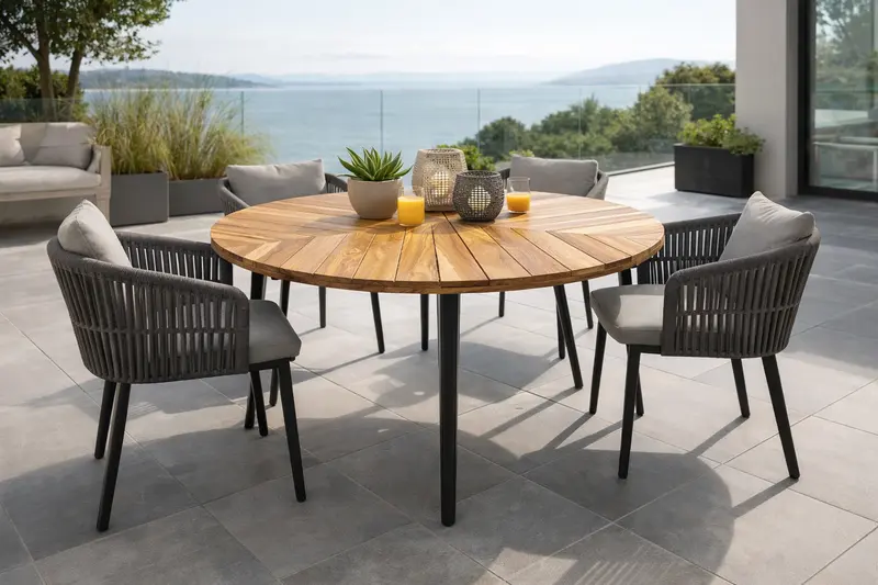 Runder Teakholz-Gartentisch Ø 150 cm – Handgefertigtes Unikat mit natürlicher Eleganz für Garten, Terrasse & Wintergarten