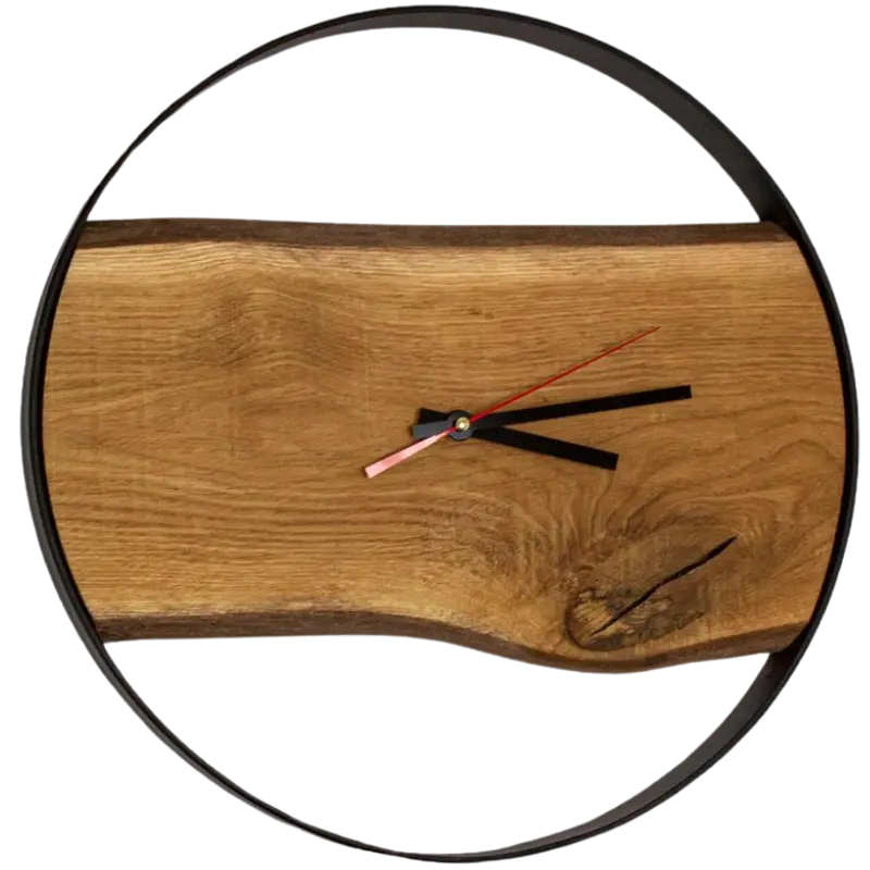 Rustikale Wanduhr 58 cm aus Eichenholz mit Stahlrahmen handgefertigt