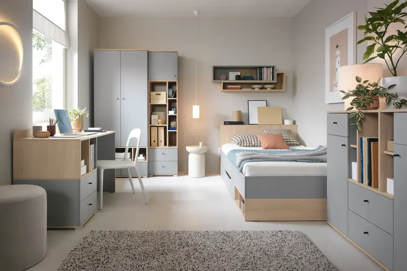 Schlafzimmer Set – 6 Teile – ORO System – Grau / Sonoma Eiche – Modernes Kinder- und Jugendzimmer mit Stauraum
