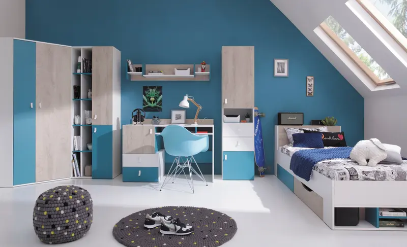 Schlafzimmer Set – 6 Teile – PLANET System – Sonoma Eiche / Weiß – Funktionale Möbel für Jugend- und Schlafzimmer Ohne Matratze