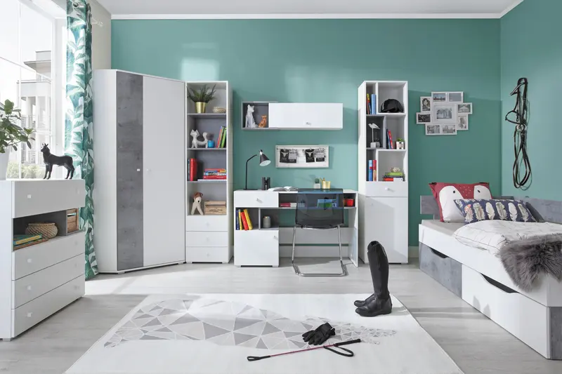 Schlafzimmer Set – 7 Teile – SIGMA System – Weiß / Grau – Praktische Kombination für Kinder- und Jugendzimmer Ohne Matratze