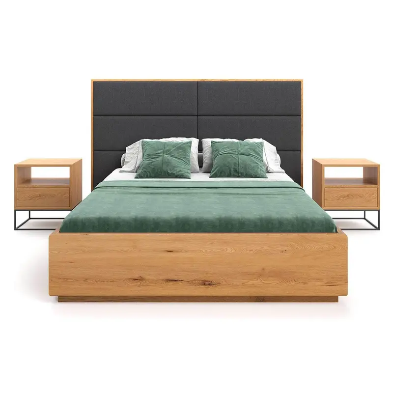 Schlafzimmer-Set | Bett aus massiver Eiche mit Textil Kopfteil und Bettkasten in verschiedenen Farben | DOME Z Bett und 2 x Nachttisch Moon