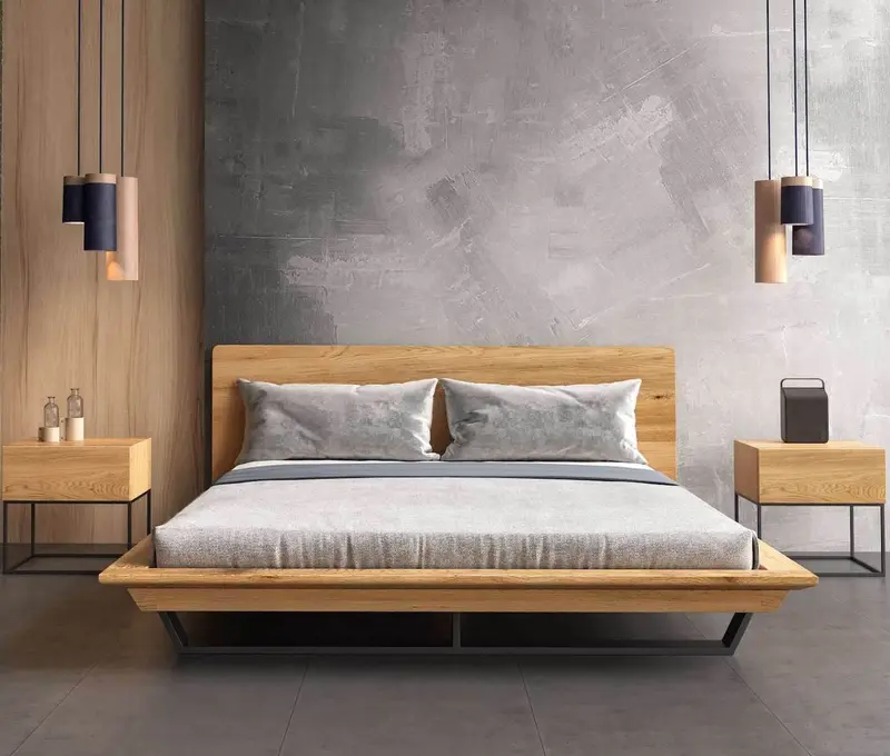 Schlafzimmer-Set | Industrial Bett aus massiver Eiche und Metall mit zwei Nachttischen | Nova Slim und 2x Loom mit Schublade