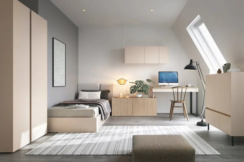 Schlafzimmer Set – LUCA System – 5 Teile, Beige – Praktisches Jugendzimmer für Kinder und Jugendliche, ohne Matratze
