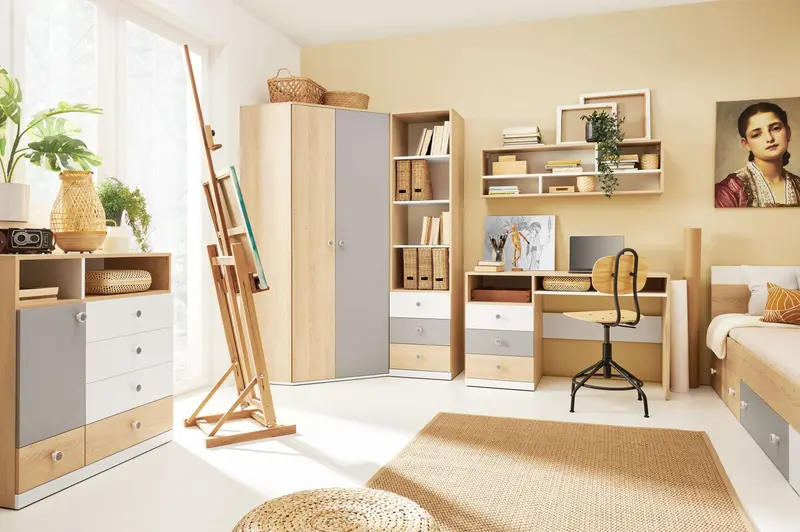 Schlafzimmer Set – PIXEL System – 6 Teile – Sonoma Eiche / Grau – Jugendzimmer mit Ecklösung Ohne Matratze