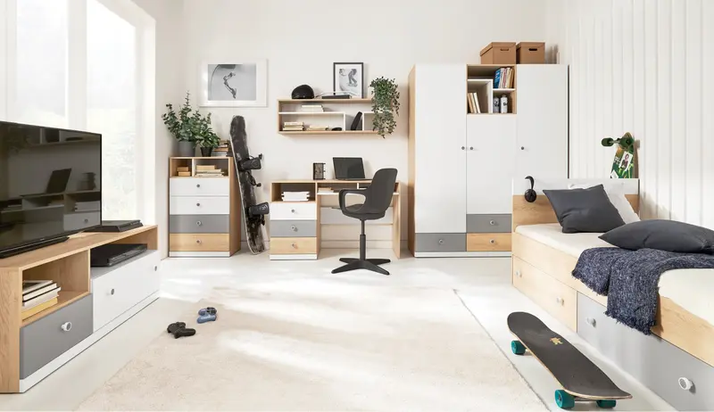 Schlafzimmer Set – PIXEL System – 6 Teile – Sonoma Eiche / Grau – Modernes Schlafzimmer mit Arbeitsplatz Ohne Matratze