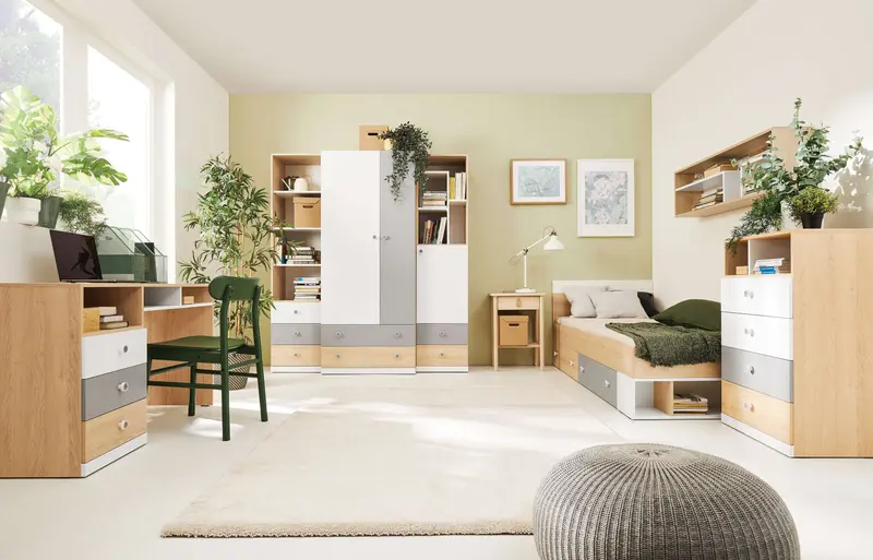 Schlafzimmer Set – PIXEL System – 7 Teile – Sonoma Eiche / Grau – Modernes Jugend- und Schlafzimmer Ohne Matratze