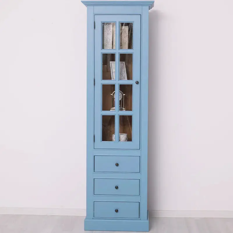 Schlanke Vitrine aus Massivholz mit 3 Schubladen