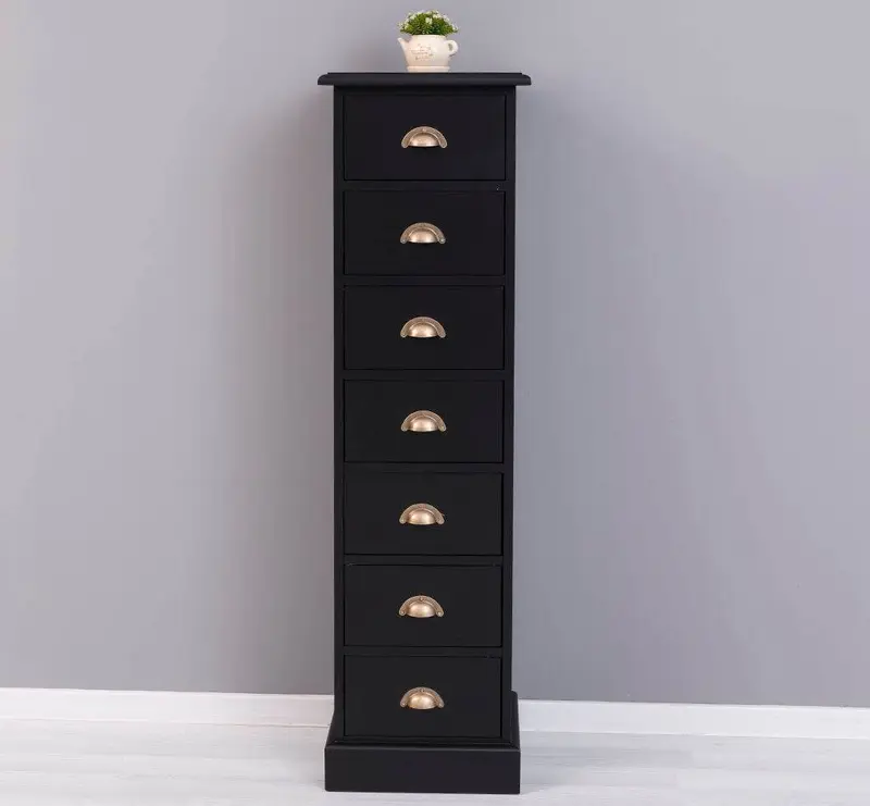 Schmale Schubladensäule aus Massivholz mit 7 Schubladen