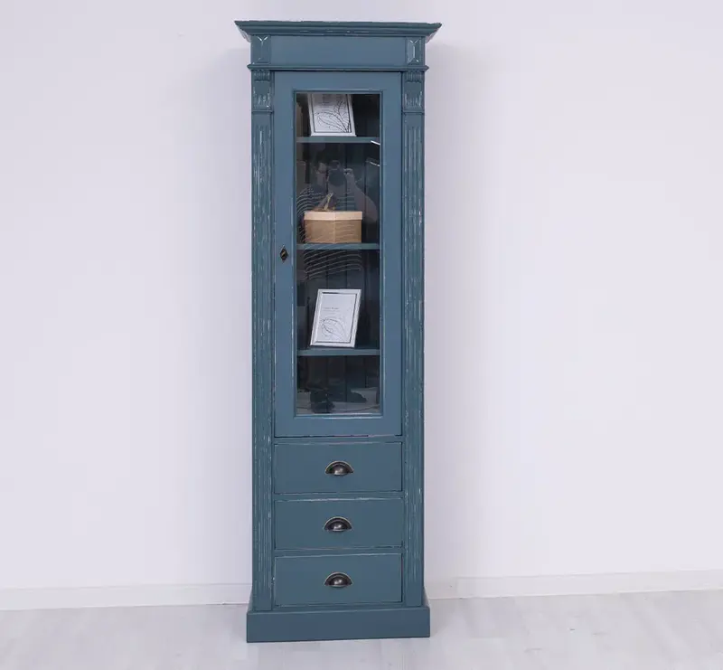 Schmale Vintage Vitrine aus Massivholz mit 3 Schubladen und Ornamenten