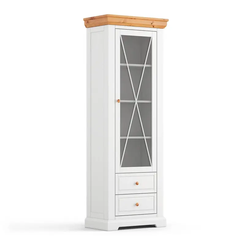 Schmale Vitrine aus Massivholz | Wohnzimmerschrank Marone Elite mit zwei Schubladen