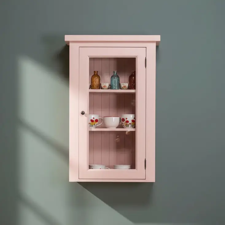 Schmaler Hängeschrank aus Massivholz mit Glastür | Geschirrvitrine hängend