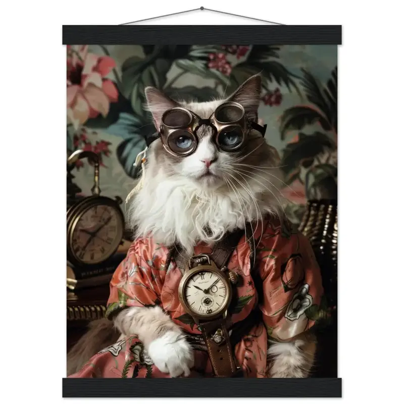 Schoolposter - Balinesische Katze, Steampunk-Outfit, florales Design, Magnet-Holzleisten | St Tropez Art