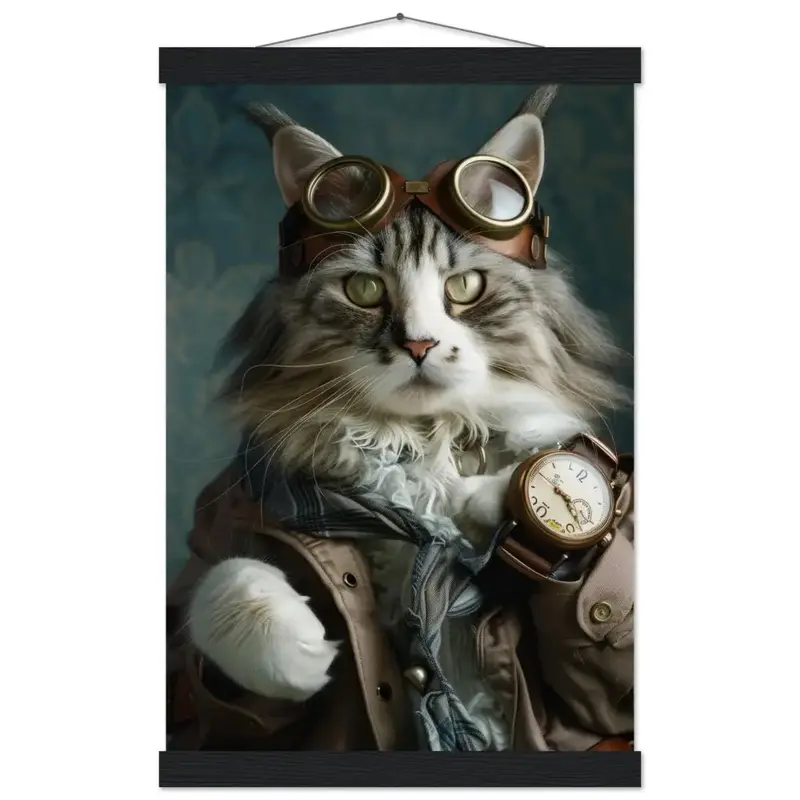 Schoolposter - Maine Coon Katze, Steampunk-Outfit, mattes Papier, Magnet-Holzleisten | St Tropez Art