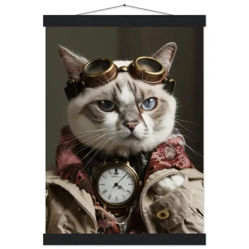 Schoolposter - Singapura Katze, Steampunk-Outfit, mattes Papier, Magnet-Holzleisten | St Tropez Art