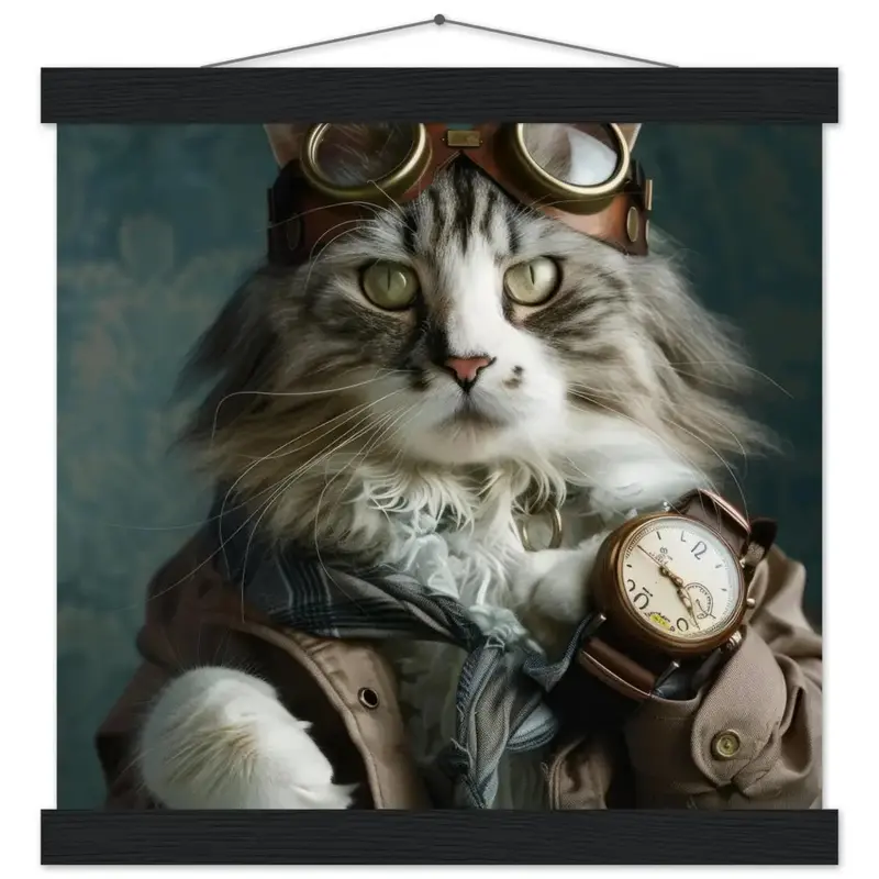 Schoolposter - weibliche Maine Coon Katze, Steampunk-Outfit, mattes Papier, Magnet-Holzleisten | St Tropez Art