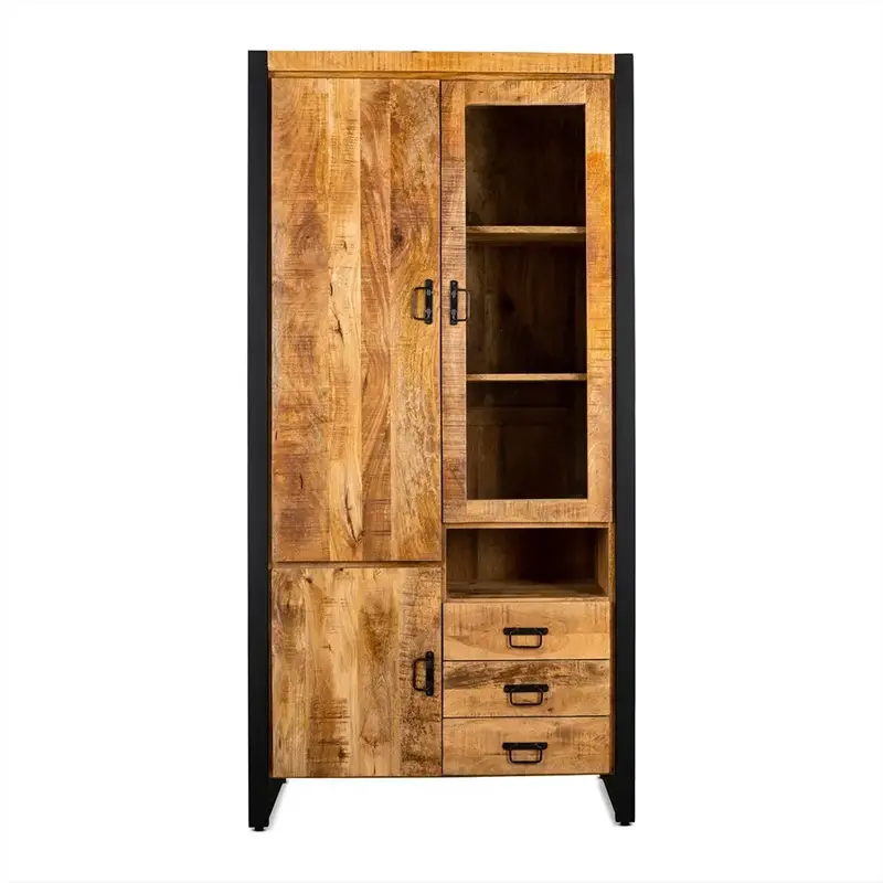 Schrank – Natürliches Mangoholz, Schwarzes Stahlgestell, Rechte Glastür, 100 cm - Britt | Benoa