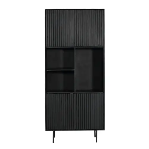 schrank - Schwarzes Mangoholz, Vertikale Lamellenfront, Schwarzes Metallgestell, 90 cm – Madison | Starfurn