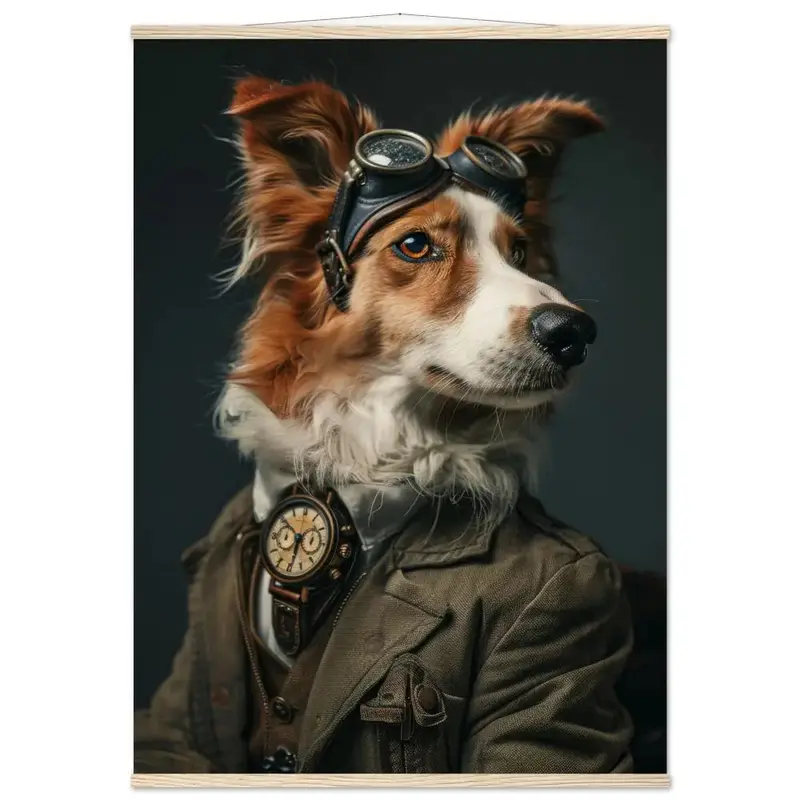 Schulposter - Amerikanischer Foxhound, Steampunk-Stil, antike goldfarbene Uhr, schwarzlederne Brille | St Tropez Art