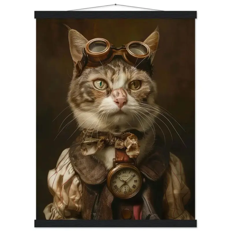 Schulposter – Chartreux-Katze Motiv, Steampunk-Kunstmotiv, Magnetische Holzaufhängung | St Tropez Art
