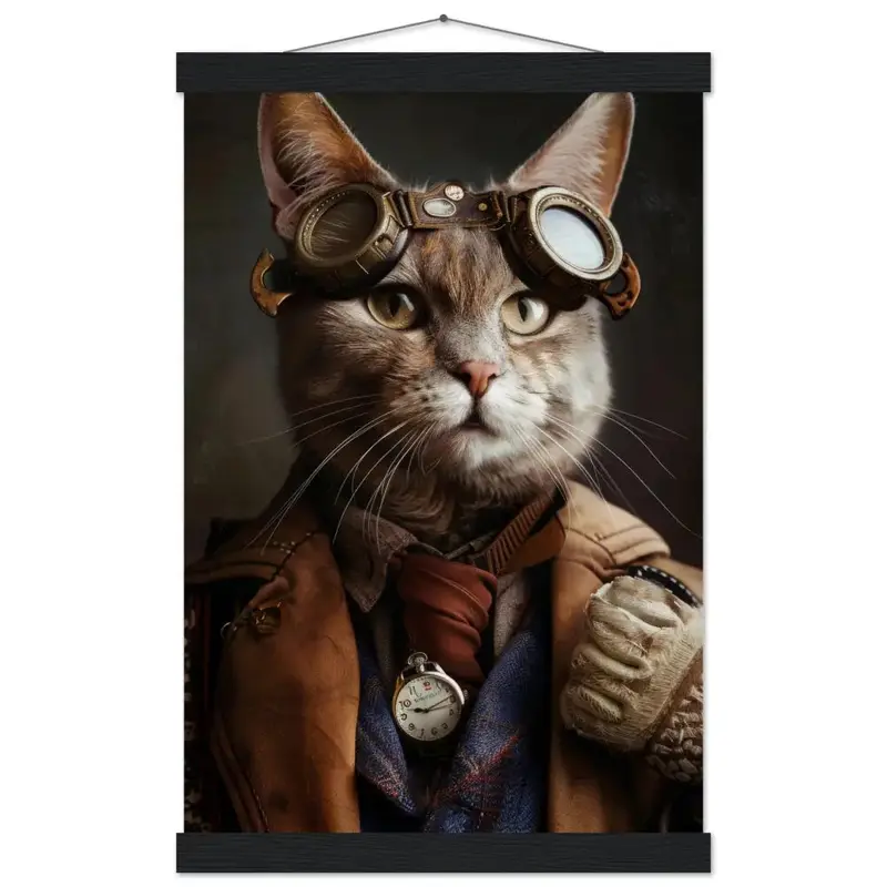 Schulposter – Chausie-Katze Motiv, Steampunk-Kunstmotiv, Magnetische Holzaufhängung | St Tropez Art
