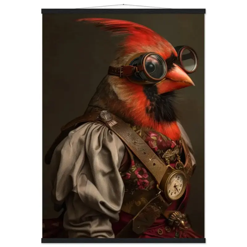 Schulposter Kardinalvogel, Steampunk-Stil, antike goldfarbene Uhr, bronzefarbene Brille | St Tropez Art