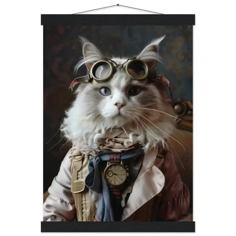 Schulposter - LaPerm-Katze-Motiv, mattes FSC-zertifiziertes Papier, Magnet-Holzleisten aus Kiefernholz, magnetische Holzdübel oben & unten | St Tropez Art