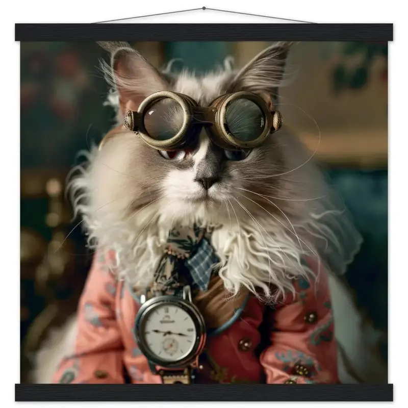 Schulposter - LaPerm-Katze-Motiv, mattes FSC-zertifiziertes Papier, Magnet-Holzleisten aus Kiefernholz, magnetische Holzdübel oben & unten | St Tropez Art