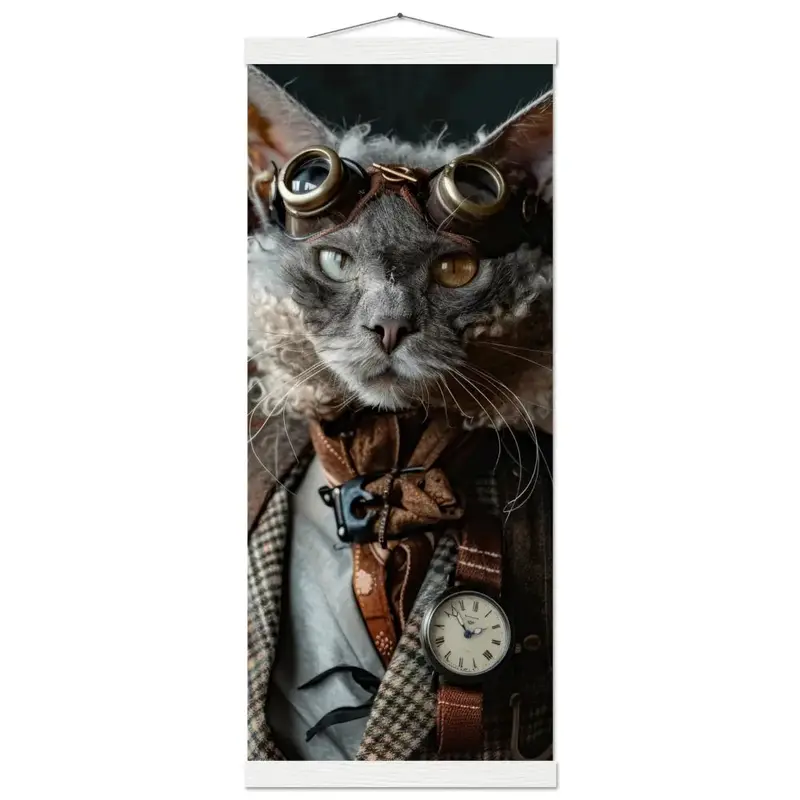 Schulposter - Lykoi-Katze-Motiv, mattes FSC-zertifiziertes Papier, Magnet-Holzleisten aus Kiefernholz, magnetische Holzdübel oben & unten | St Tropez Art