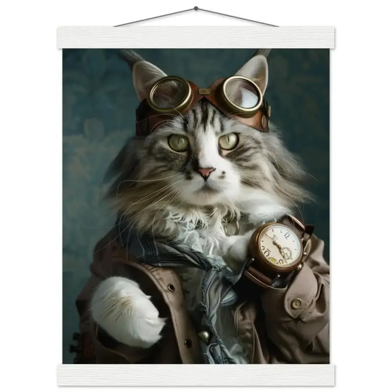 Schulposter - Maine-Coon-Katze-Motiv, mattes FSC-zertifiziertes Papier, Magnet-Holzleisten aus Kiefernholz, magnetische Holzdübel oben & unten | St Tropez Art
