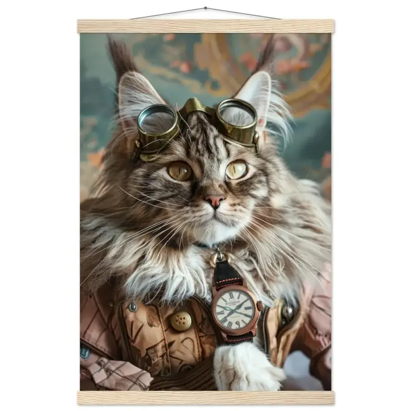 Schulposter - Maine-Coon-Katze-Motiv, mattes FSC-zertifiziertes Papier, Magnet-Holzleisten aus Kiefernholz, magnetische Holzdübel oben & unten | St Tropez Art