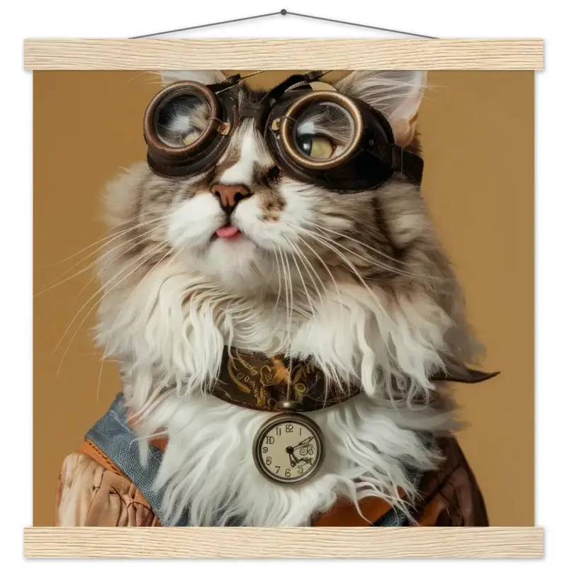 Schulposter – Maine-Coon Katze, Steampunk-Outfit, antike Taschenuhr | St Tropez Art
