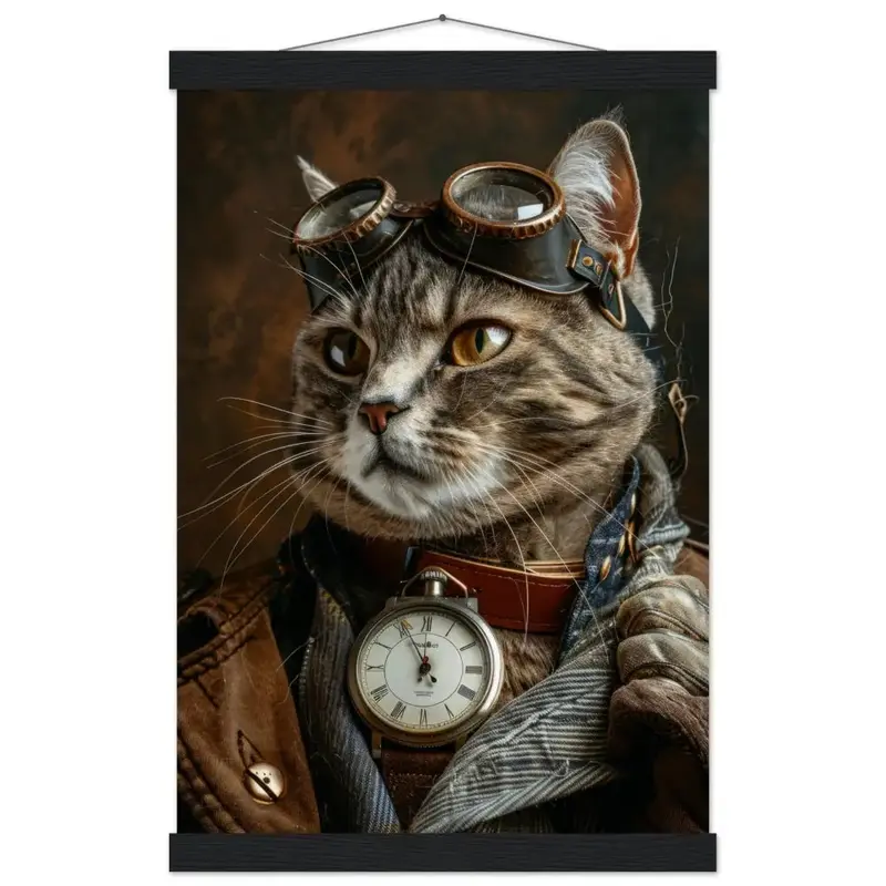 Schulposter - Männlicher Chausie-Kater, Steampunk-Stil, antike silberfarbene Uhr, bronzefarbene Brille | St Tropez Art