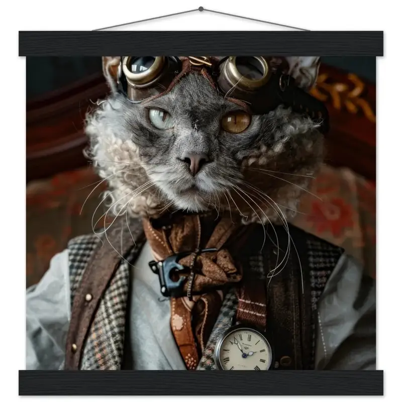 Schulposter Männlicher Lykoi-Kater, Steampunk-Stil, antike silberfarbene Uhr, bronzefarbene Brille | St Tropez Art