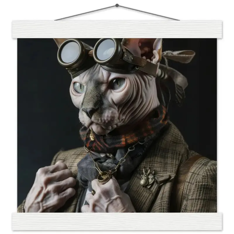 Schulposter - Männlicher Sphynx-Kater, Steampunk-Stil, goldfarbene Uhr, bronzefarbene Brille | St Tropez Art