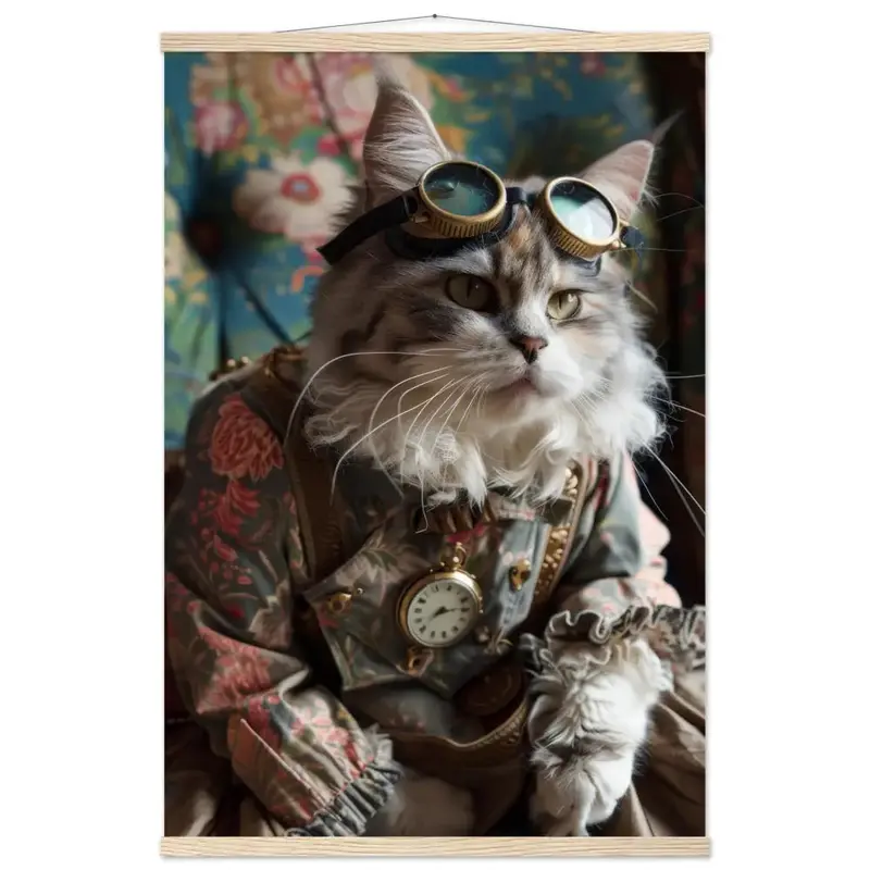 Schulposter - Minskin-Katze-Motiv, mattes FSC-zertifiziertes Papier, Magnet-Holzleisten aus Kiefernholz, magnetische Holzdübel oben & unten | St Tropez Art