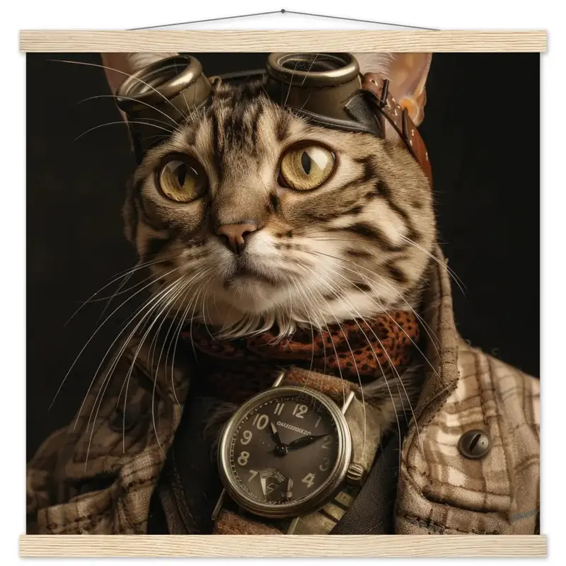 Schulposter - Savannah-Katze-Motiv, mattes FSC-zertifiziertes Papier, Magnet-Holzleisten aus Kiefernholz, magnetische Holzdübel oben & unten | St Tropez Art