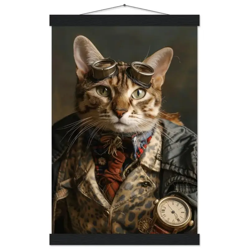 Schulposter – Savannah-Katze Motiv, Steampunk-Kunstmotiv, Magnetische Holzaufhängung | St Tropez Art