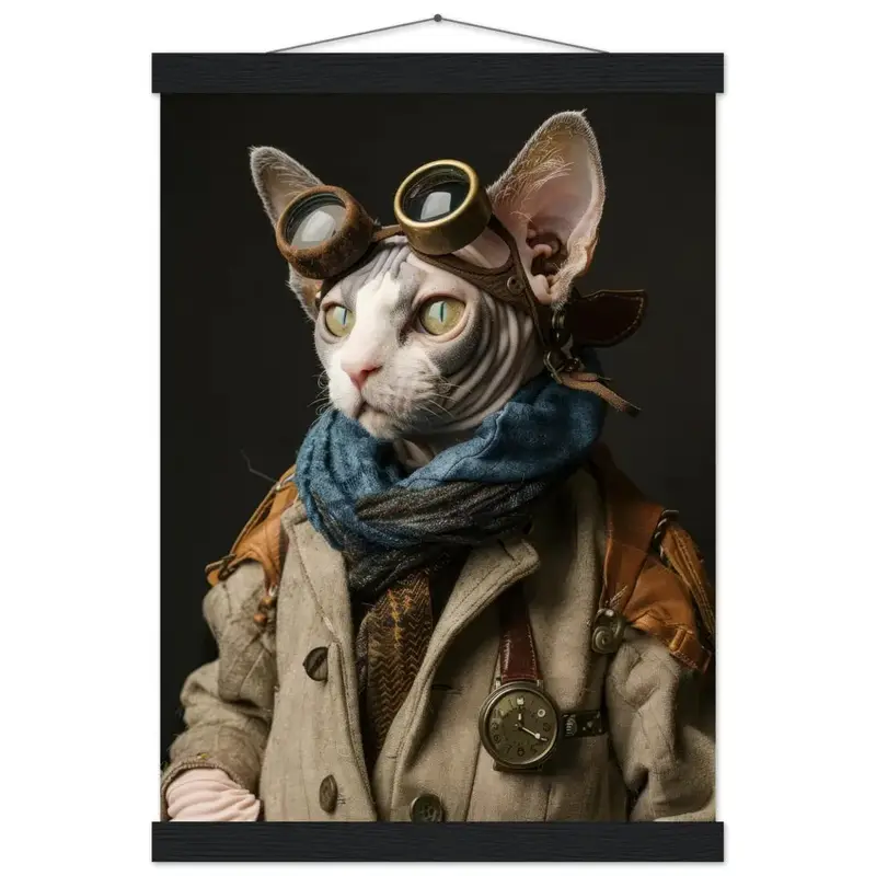 Schulposter - Steampunk-Vintage Cornish-Rex Katzenmotiv, mattes FSC-Papier, magnetische Holzleisten | St Tropez Art