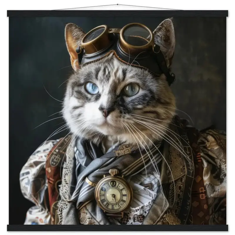 Schulposter Weibliche Chausie-Katze, Steampunk-Stil, antike bronzefarbene Uhr, antikgoldene Brille | St Tropez Art