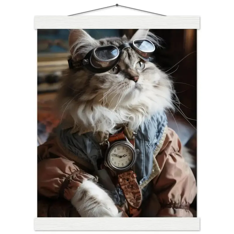 Schulposter Weibliche Ragamuffin-Katze, Steampunk-Stil, antike silberfarbene Uhr, bronzefarbene Brille | St Tropez Art