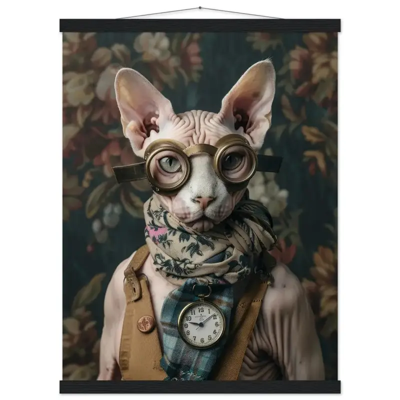 Schulposter - Weibliche Sphynx-Katze, Steampunk-Stil, klassische silberfarbene Uhr, bronzefarbene Brille | St Tropez Art