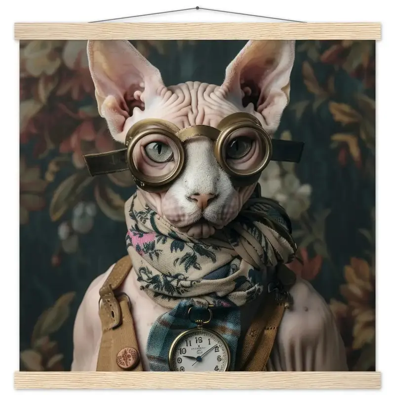 Schulposter Weibliche Sphynx-Katze, Steampunk-Stil, silberfarbene Uhr, bronzefarbene Brille | St Tropez Art