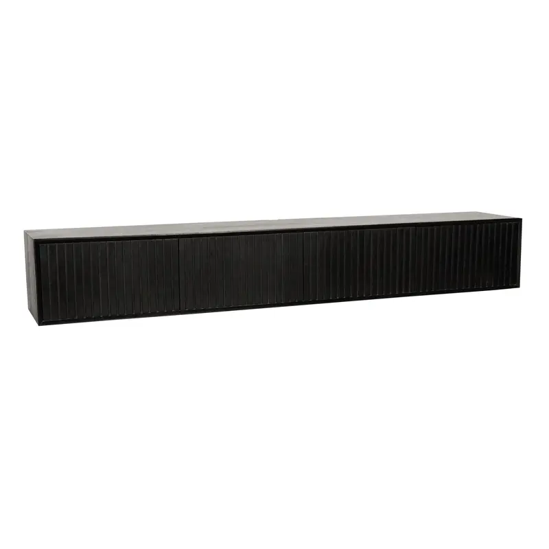 Schwebendes TV-Möbel - Schwarzes Mangoholz, Vertikale Lamellenfront, Grifflose Türen, 200 cm – Madison | Starfurn